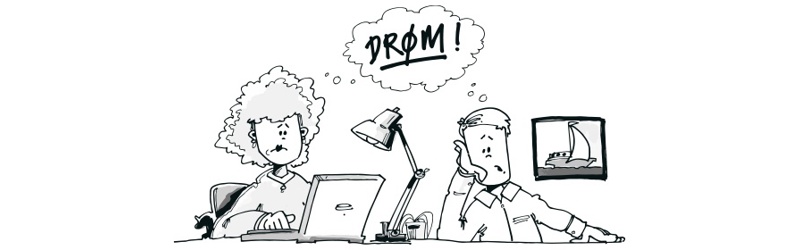 Karikatur af en kvinde med en bærebar pc og en mand, de sidder ved et bord